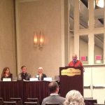 SIS Professor Jamshid Beheshti introducing SIS Research Associate Charles Cole, Carol Kuhlthau, Professor Emerita, Rutgers University, and Professor Dania Bilal, University of Tennessee, a distinguished panel on inquiry-based learning systems.